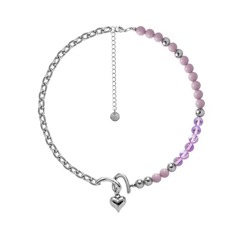 Purple beaded heart-shaped necklace for women wholesale, exquisite and versatile, sweet and cool, spicy girl sweater chain, high-end and trendy light luxury necklace Item Picture