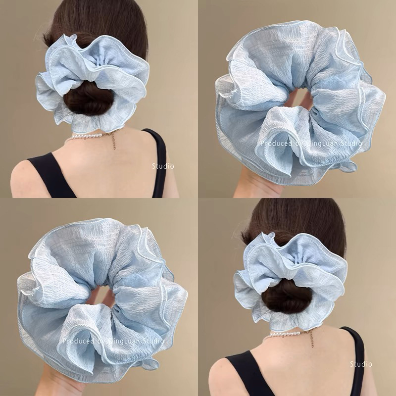 Soft light water blue ~ Extra-large pleated large intestine hair band, Korean high-end style hair bun hair tie, travel hair accessory full figure