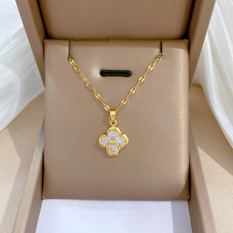 【 Titanium Steel 】 Four-leaf Flower Necklace Earring set, light luxury, micro-inlay, personalized and elegant banquet earrings and Necklaces combination Specification drawing