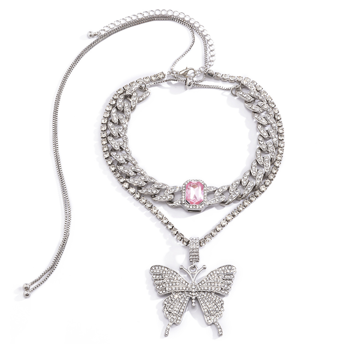 European and American cross-border jewelry, personalized Cuban chain, exaggerated necklace, women's fashionable and elegant diamond-encrusted butterfly gemstone necklace Application Scenario