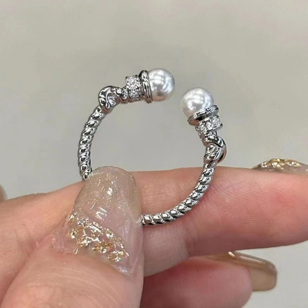 Vintage twisted double pearl ring for women, 925 sterling silver ring, a niche high-end feel, light luxury, versatile open index finger ring Item Picture