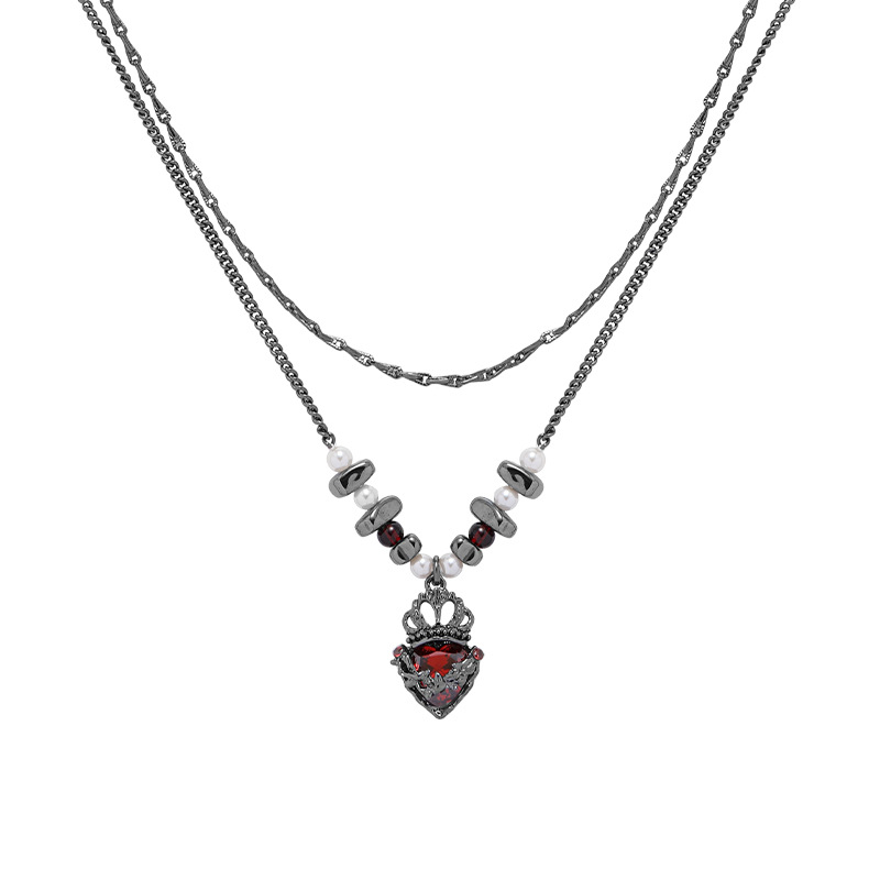 ins Dark style necklace wholesale, niche design sense, double-layered collarbone chain, crown, heart zircon pendant for women Item Picture