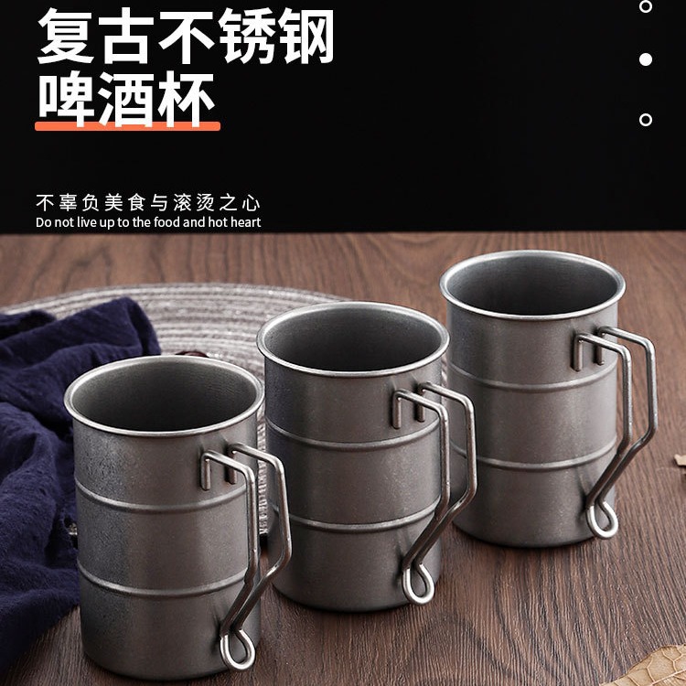 Retro industrial-style beer mugs, 304 stainless steel mugs, coffee cups, aged outdoor camping wooden barrels and cups full figure