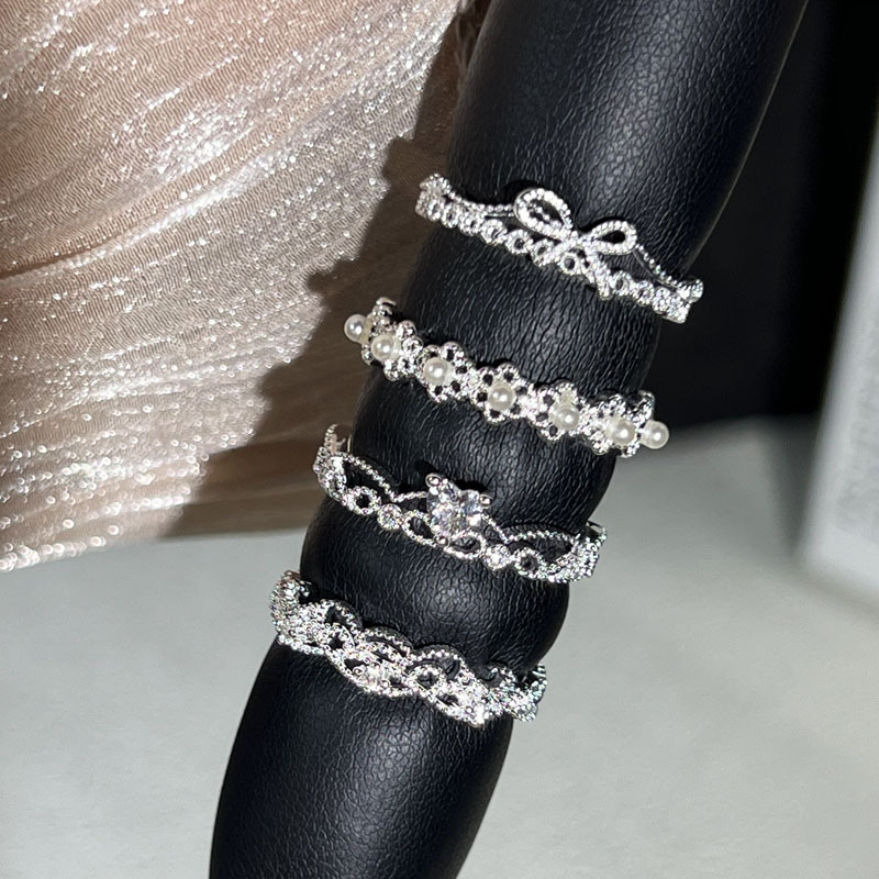 Small diamond lace Korean-style exquisite sparkling diamond pearl open ring, women's niche bow crown, versatile and fashionable ring full figure