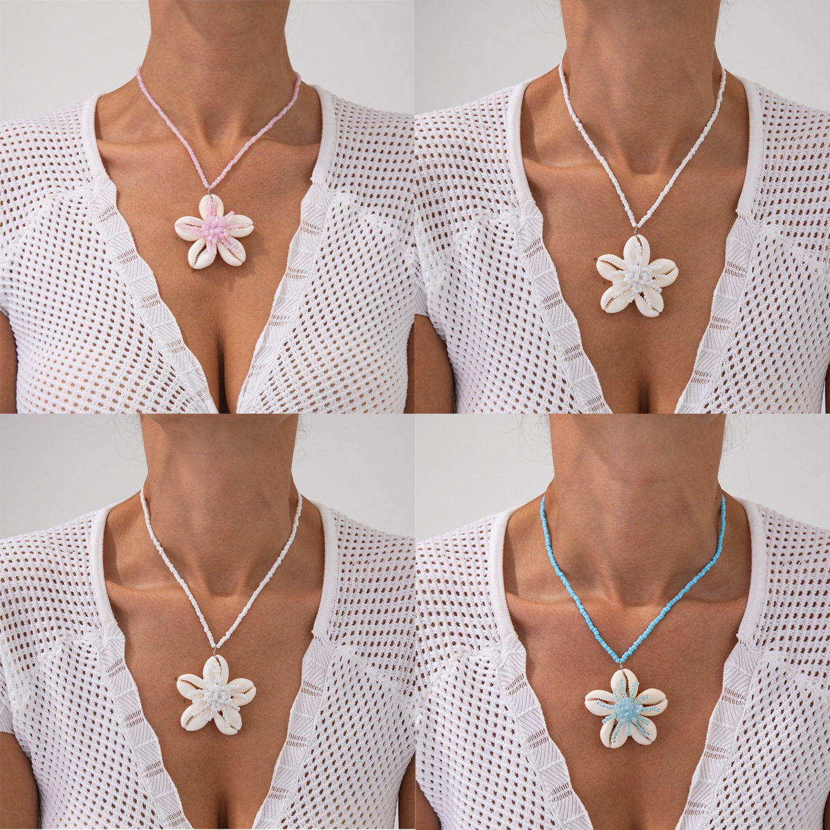 European and American cross-border jewelry, seaside vacation style flower shell pendant necklace, women's Bohemian beaded collarbone chain full figure