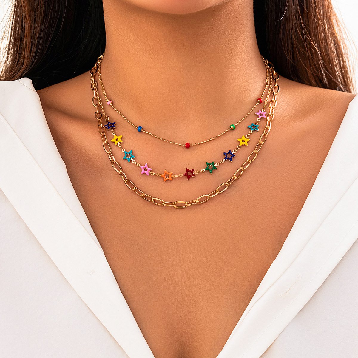 A cross-border colorful dopamine necklace for women from Europe and America, with a unique design of layered oil drops and butterfly-eye collarbone chain details Picture