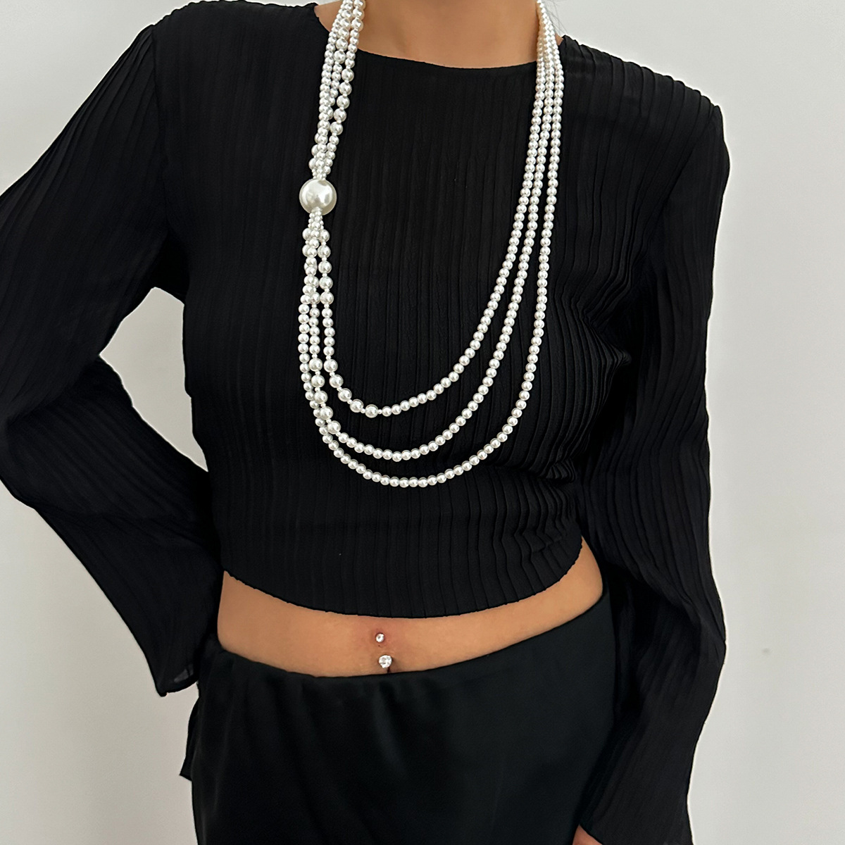 European and American cross-border jewelry, Baroque geometric pearl beaded collarbone chain, retro tassel multi-layer long necklace details Picture