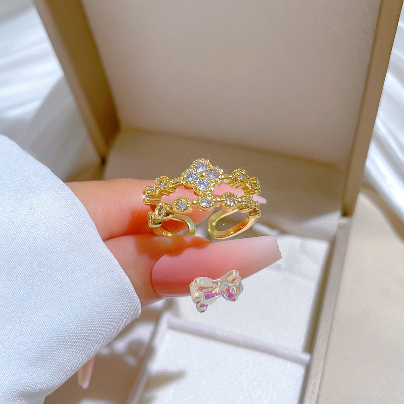 【 Real Gold 】 Four-leaf clover Full diamond ring with adjustable opening, simple jewelry, Japanese-style ring couple rings details Picture