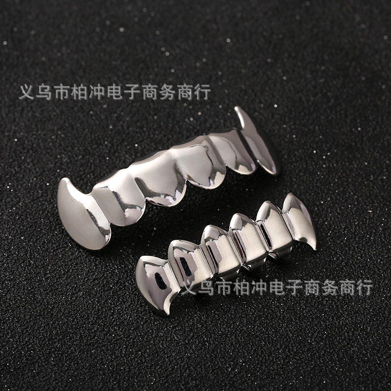 Cross-border new hip-hop braces with silver-plated luster, upper and lower sharp teeth, hiphop personality and exaggerated teethgrillz details Picture