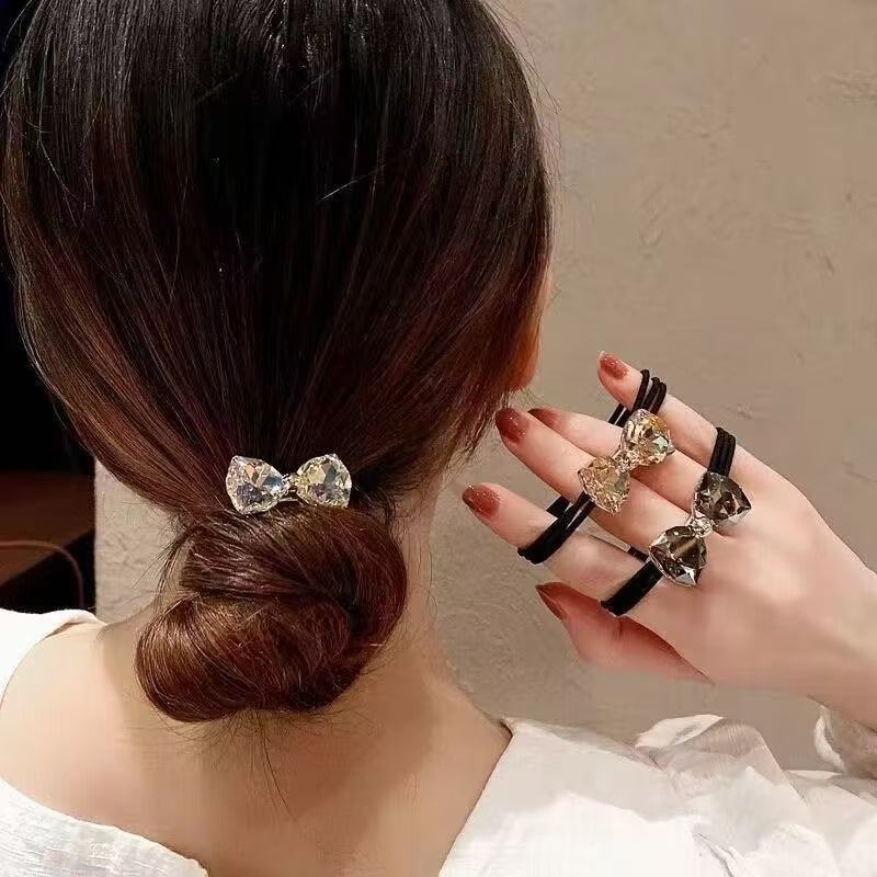 Light luxury crystal bow rubber band, shiny and highly elastic hair tie, fashionable and versatile women's hair tie accessories full figure