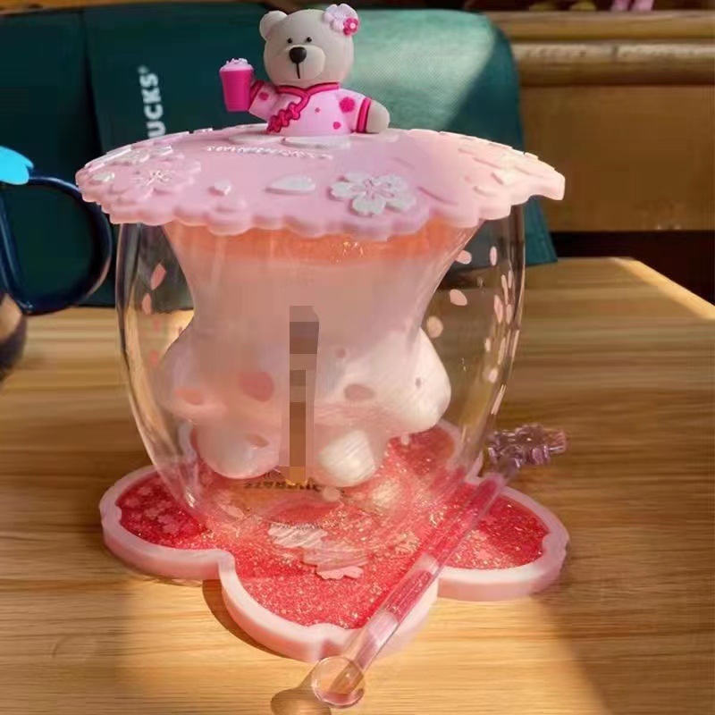 Cute cartoon cat paw cup, coffee cup, beverage cup, double-layer glass, pink cat paw explosion-proof glass cup, birthday gift full figure