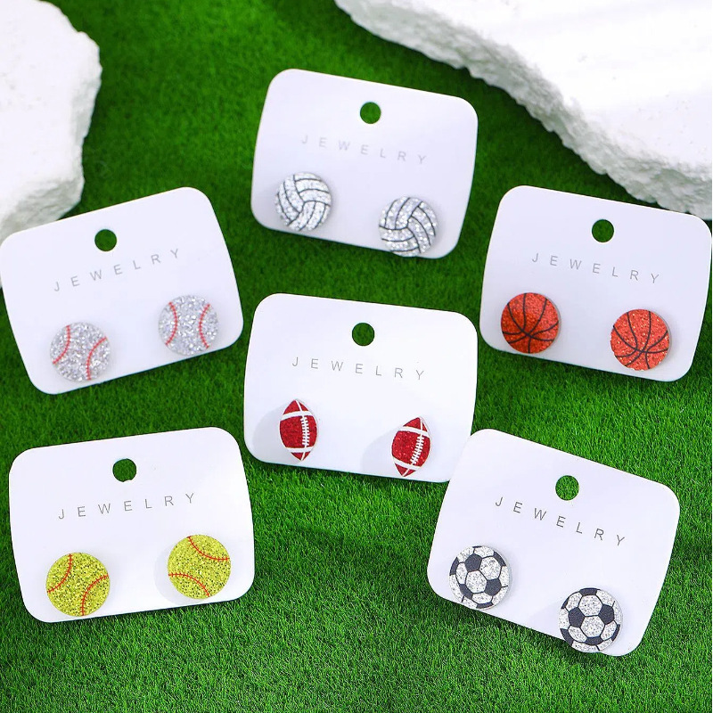 Cross-border retro acrylic heart-shaped stud earrings, women's doubles heart-shaped rugby, basketball and baseball sports ball earrings and accessories full figure