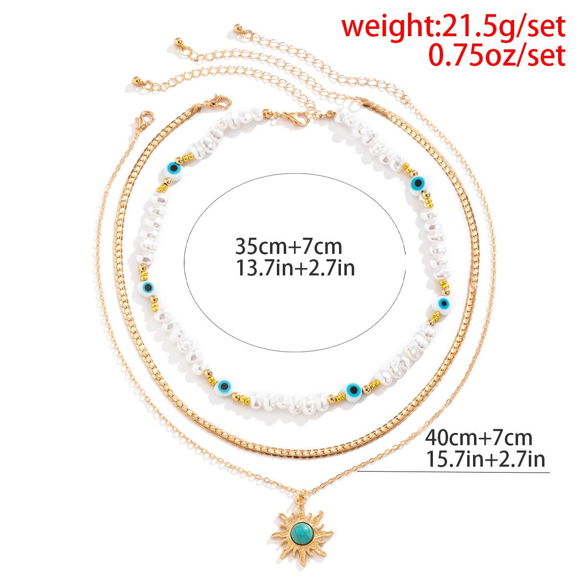 European and American cross-border jewelry, retro color-blocking personality eye pearl necklace, ethnic style sun turquoise pendant necklace Application Scenario