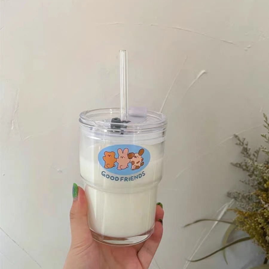 Wholesale of Bolimei glass cups, Korean InS-style glass straw cups, girlish water cups, student drinking cups Specification drawing