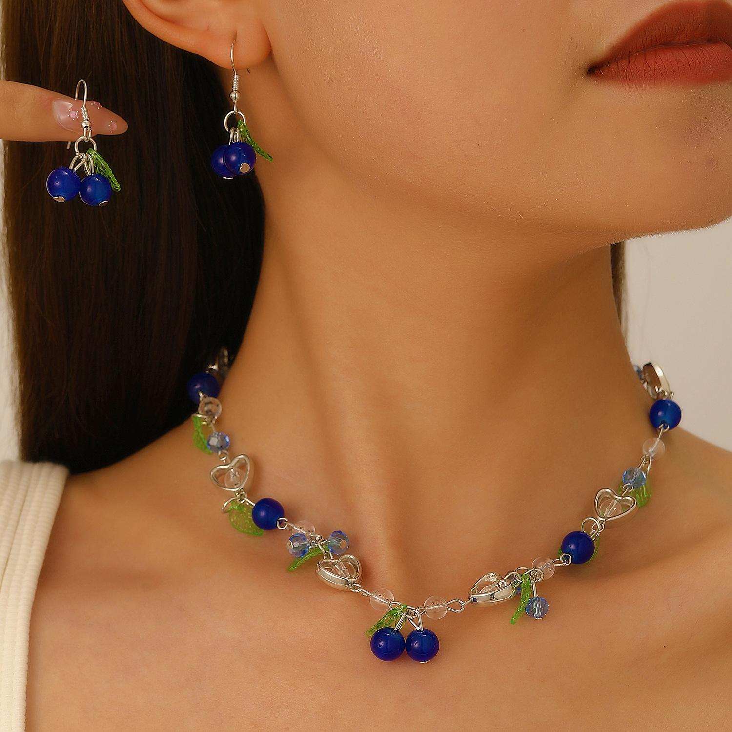 European and American cross-border accessories, ins blue cherry necklace earrings set, summer jewelry and accessories for women, Blueberries full figure