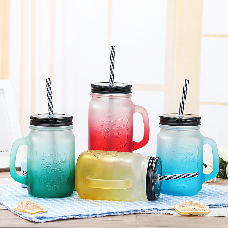 Mason straw glass cup with lid, frosted gradient color adult water cup, juice drink cold drink cup, rooster cup full figure
