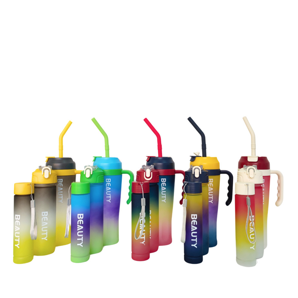 Cross-border gradient color car ice cup Portable handle straw plastic water bottle large-capacity car cup three-piece set Item Picture