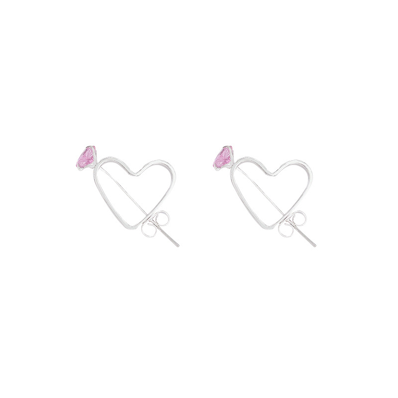 New creative one-shot piercing zirconium heart-shaped earrings for women, trendy Instagram hollowed-out zirconium pink heart-shaped stud earrings Item Picture