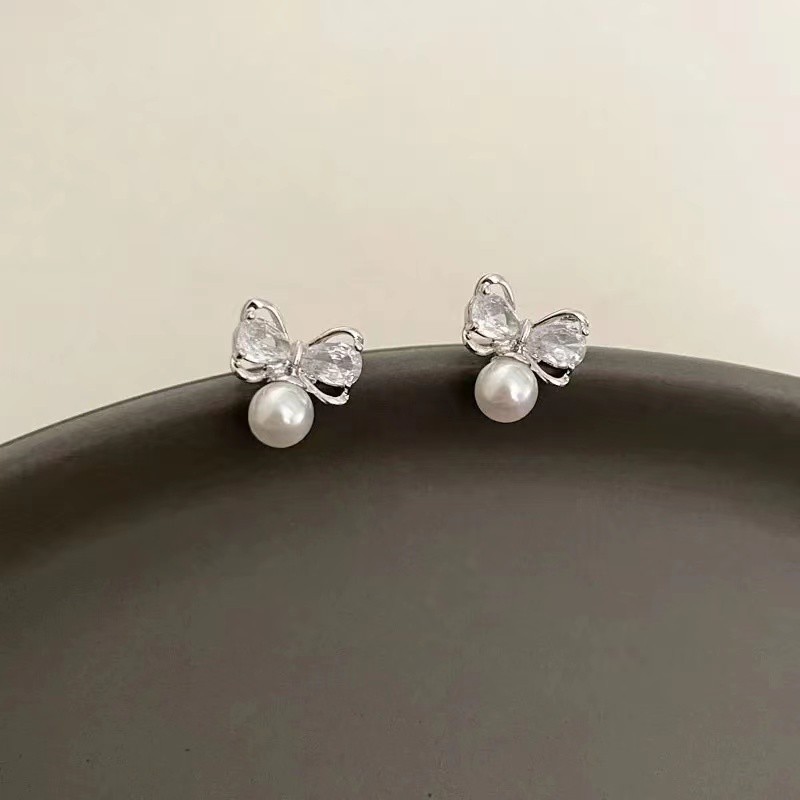 s925 Light Luxury High-end Bow Zircon stud Earrings for Women 2025 New i Niche Design sense Pearl pendant earrings Specification drawing