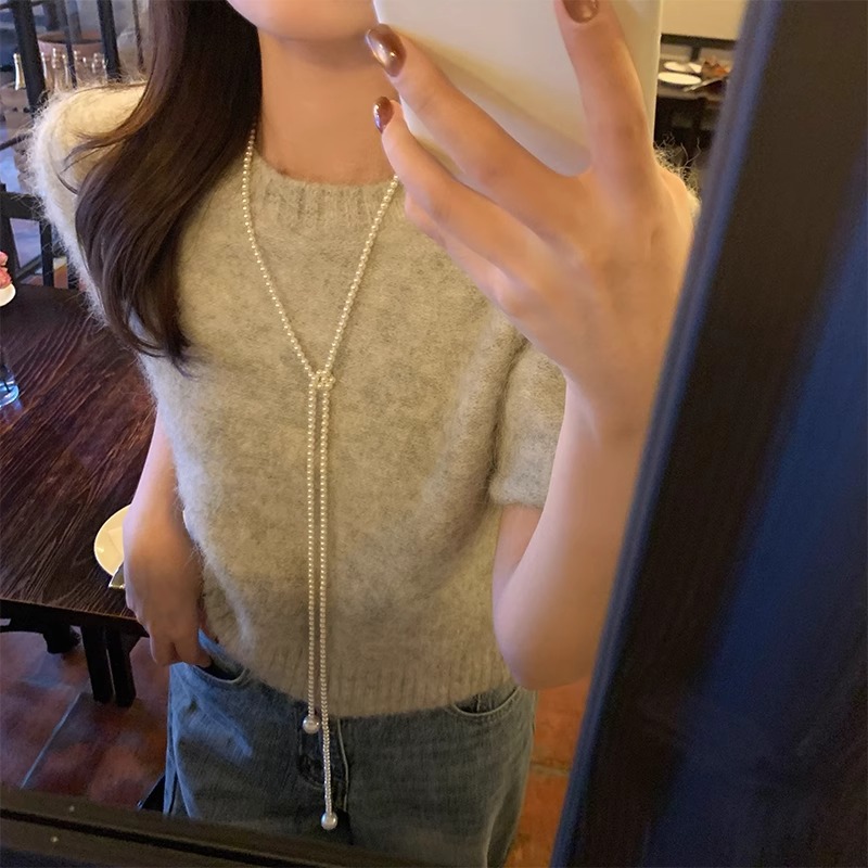 French retro pearl long stackable necklace for women, gentle and unique, versatile neck chain and sweater chain Specification drawing