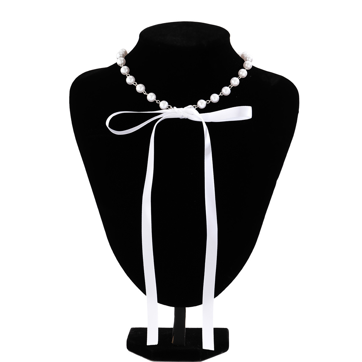 European and American cross-border jewelry, retro DIY tie bow necklace, sweet ribbon choker pearl imitation necklace Item Picture
