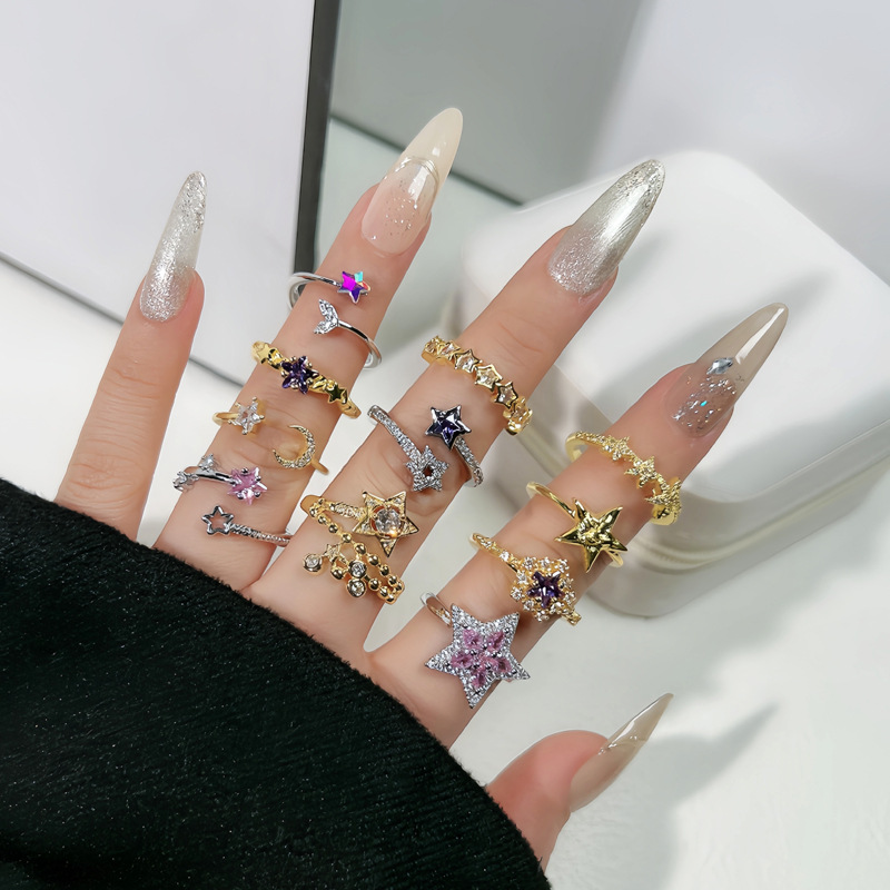 Korean version sweet and cool, exquisite pink and purple diamond star fashion open ring, female five-pointed star personality and temperament cold style ring details Picture