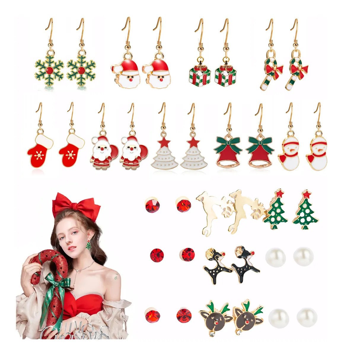 Christmas cross-border earrings set, long European and American bell, snowflake, elderly tree, walking stick, bell alloy earrings for women full figure