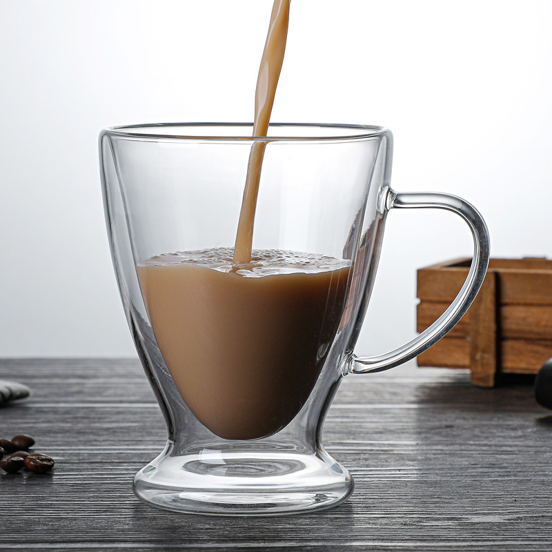 Customized double-layer glass cups, heat-insulating transparent tea cups, creative water cups, coffee cups, beverage cups, double-layer water cups with handles Specification drawing