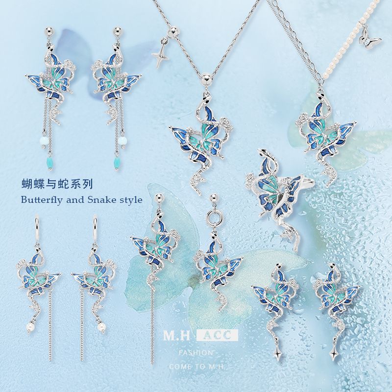925 Silver Needle Butterfly and Snake Earrings, Korean-style high-end, cool, ins style, versatile earrings, fashionable and light luxury earrings for women full figure