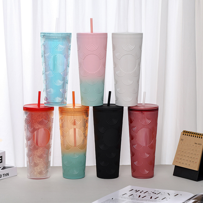 【 Processing and Customization 】 Wavy straw cup, ocean pattern, popular online drinking cup, high appearance level, large capacity, straight for commuting details Picture