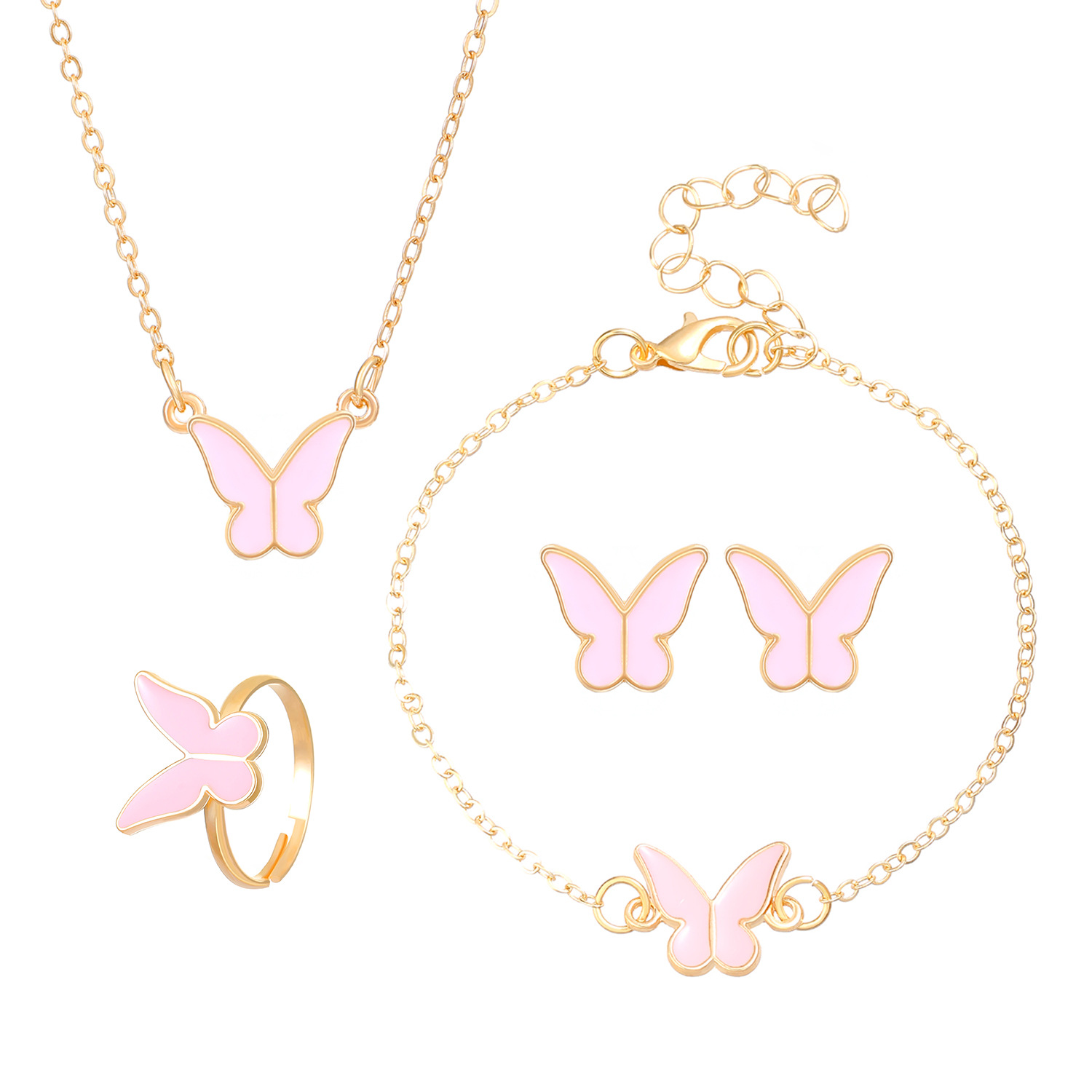 European and American exaggerated heart-shaped butterfly stud rings, bracelets, necklaces, jewelry sets, women's fashion four-piece sets, cross-border accessories Item Picture