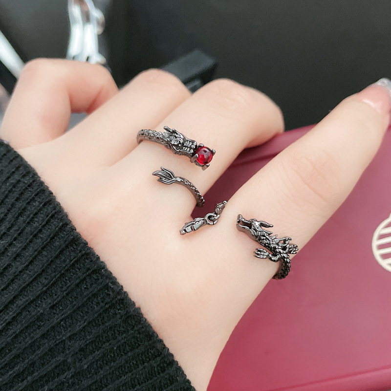 The dark dragon-shaped open ring with a sophisticated tail swing in the zodiac year is a unique and fashionable ring in a cold style for women on Instagram details Picture
