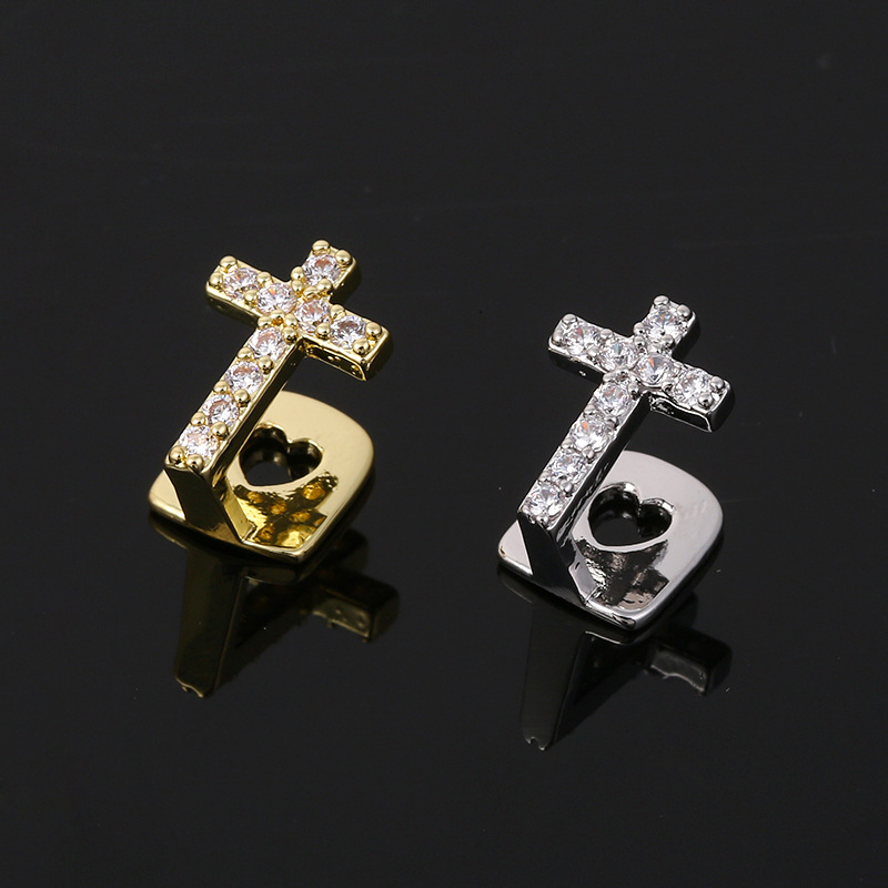 European and American cross-shaped copper micro-inlaid zircon single hip-hop teeth set teeth grills, trendy teeth decoration details Picture