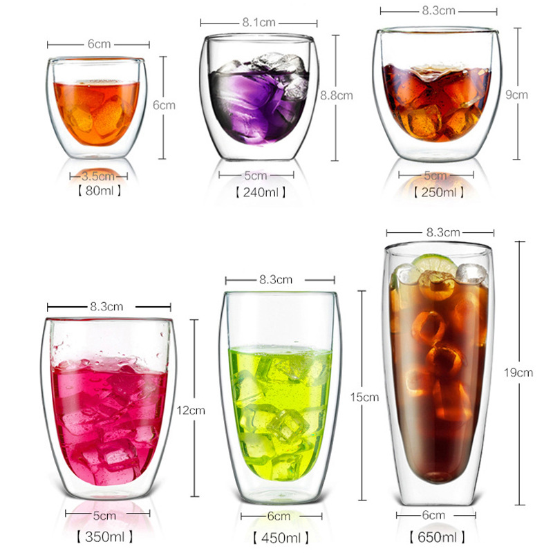 Cross-border cup bestseller transparent double-layer glass cup, household large-capacity, high-temperature resistant, thickened, high appearance level water cup wholesale Specification drawing