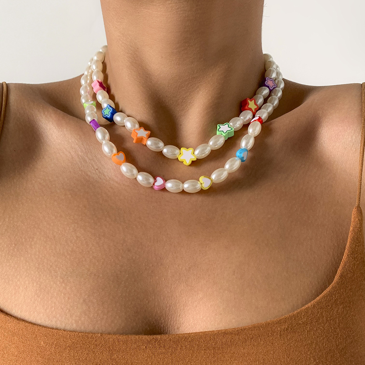 European and American cross-border hand-woven beaded set necklace, retro geometric acrylic star-shaped pearl necklace accessory full figure