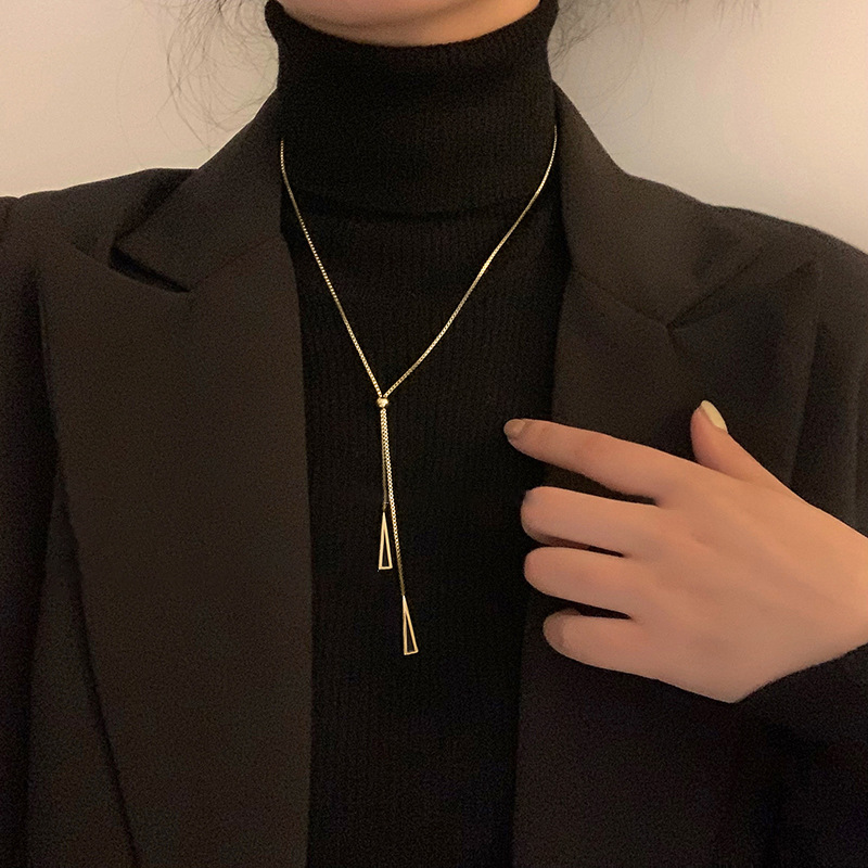 Geometric triangle necklace for women's trendy autumn and winter, long tassel accessory, light luxury and niche decorative sweater chain, ins details Picture