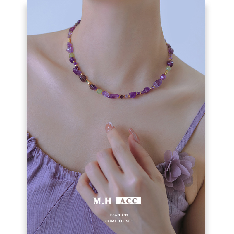 Summer new dopamine amethyst grapevine necklace for women, a retro and high-end, light luxury and niche collarbone chain Specification drawing