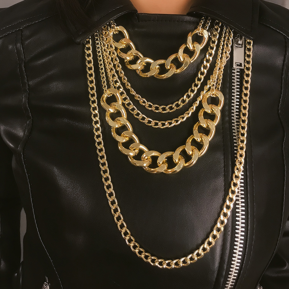 European and American cross-border jewelry, simple punk hip-hop mixed and matched necklace, women's exaggerated multi-layer tassel metal chain necklace details Picture