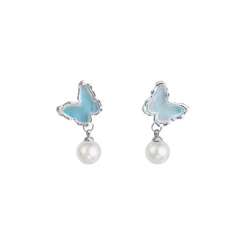 Spring ice-transparent blue butterfly Earrings for Women 2025 New bestseller, high-end pearl earrings, feminine stud earrings Item Picture