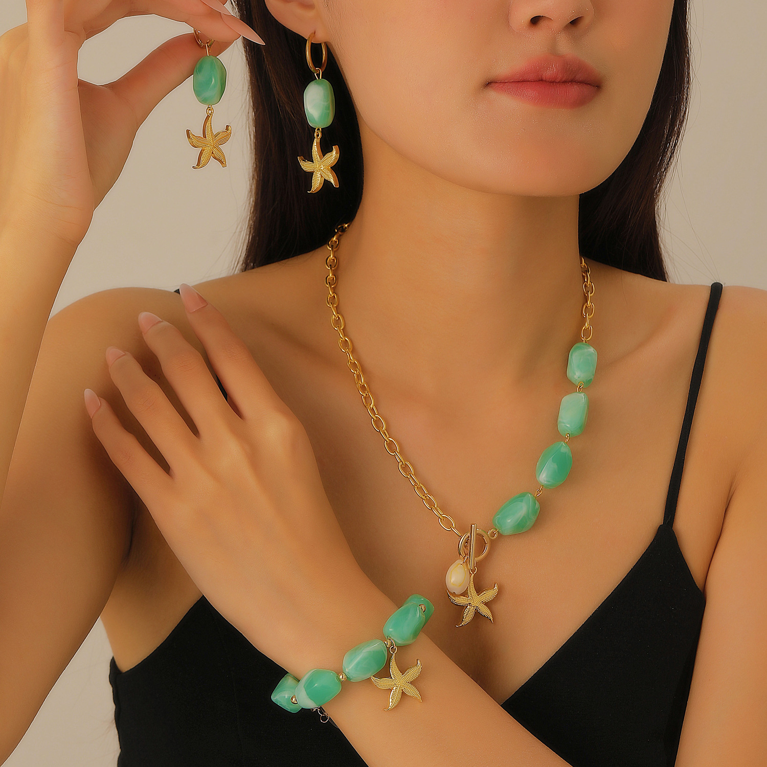 European and American cross-border jewelry, beach starfish collarbone chain, ocean-style earrings, bracelet, necklace set, jewelry for women Specification drawing