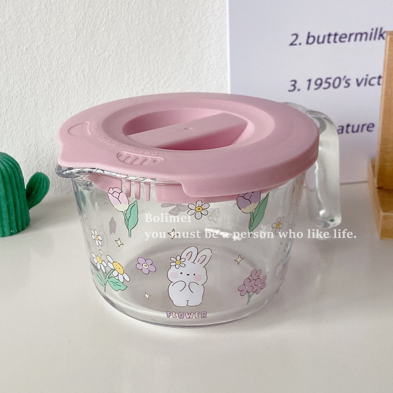 Bolimei High borosilicate glass measuring cup, girl's heart rabbit graduated measuring cup, baking cup, heat-resistant lid details Picture