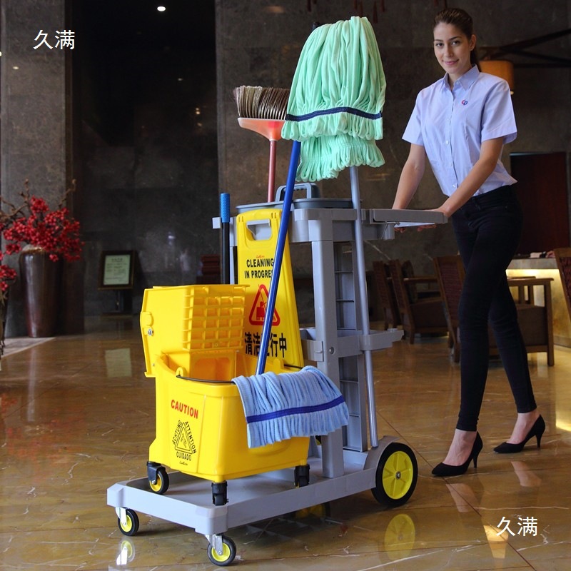 Baiyun hand-pushed tool cart, cleaning cart, sanitation cart, hotel room, restaurant, shopping mall, airport and property cleaning cart details Picture