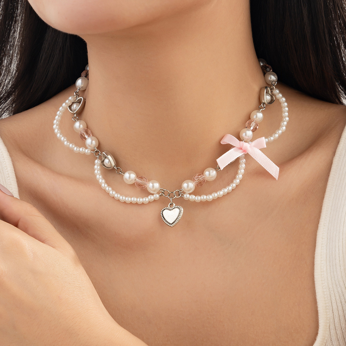 European and American cross-border jewelry sweet style strawberry pearl pendant Necklace fresh and simple bow webbing Necklace full figure