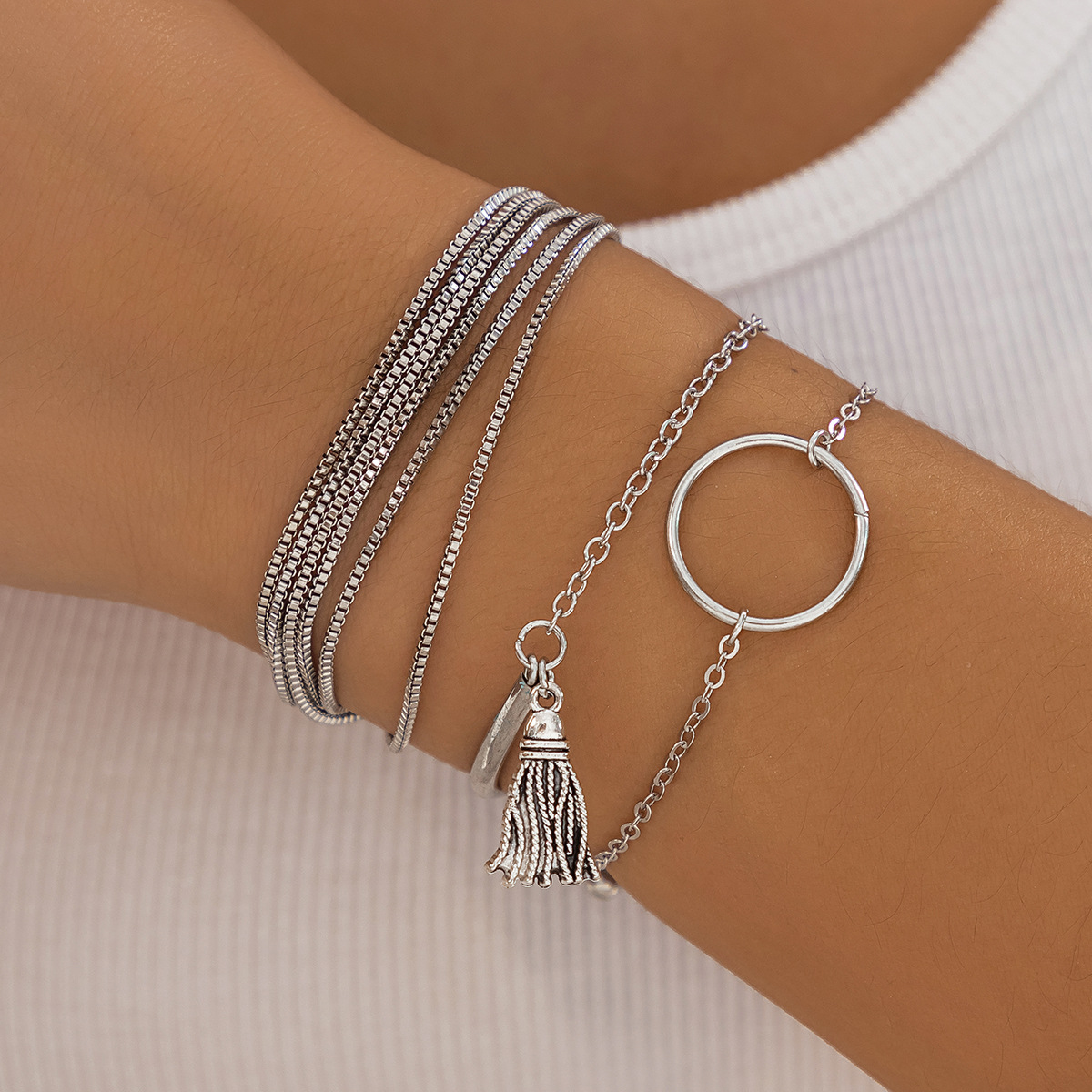 European and American cross-border accessories punk style hip-hop fine chain multi-layer bracelet geometric ring versatile tassel bracelet for women details Picture