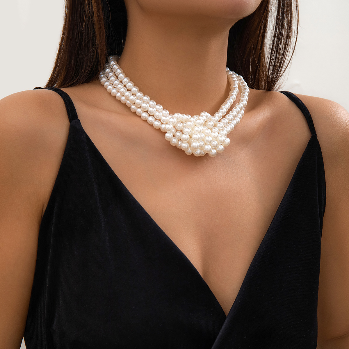 European and American style retro chanel-style multi-layer imitation pearl necklace, French beaded collarbone chain choker for women Specification drawing