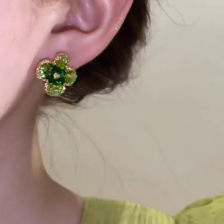 "Summer Rhapsody" Green crystal earrings with flower stud earrings, a high-end, light luxury, niche and unique earpiece for women details Picture