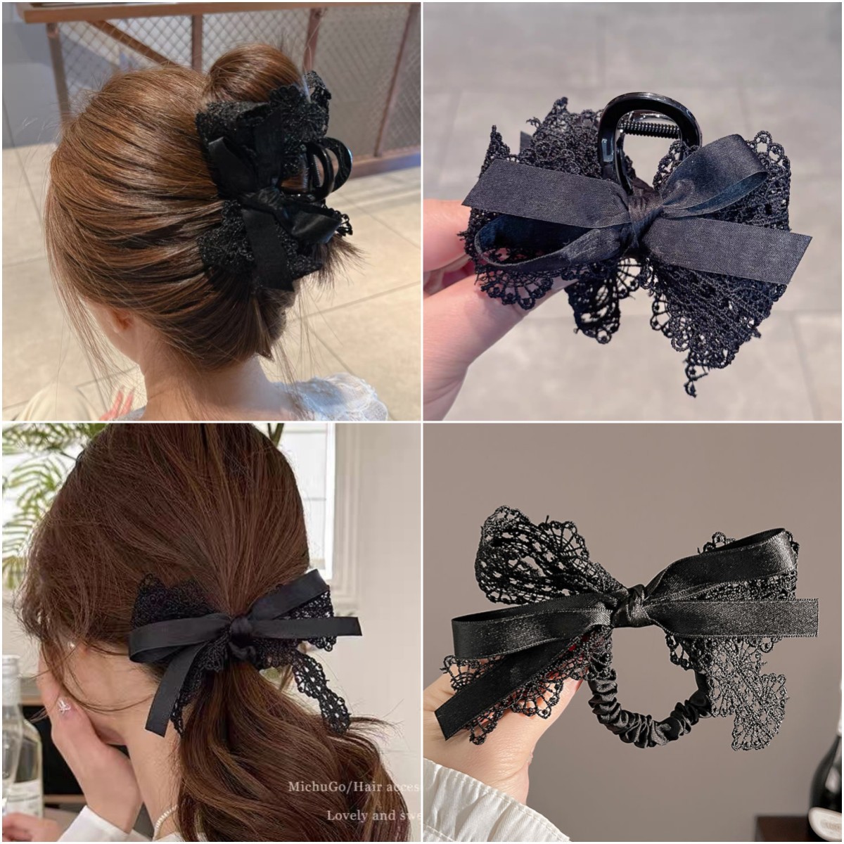 Black stylish hair tie, lace bow, ribbon ponytail hair band, high-end updo, shark clip, women's half tie, grappling clip full figure