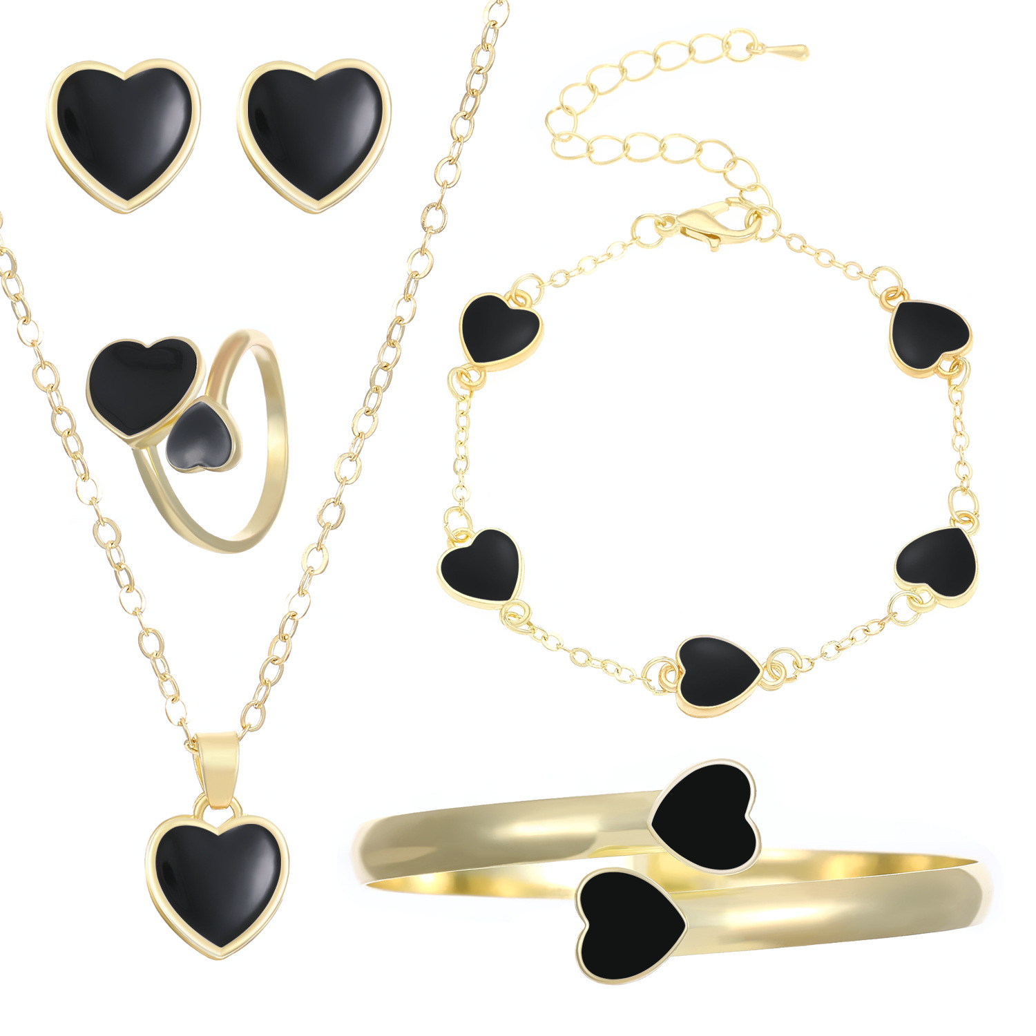 Cross-border best-selling heart-shaped jewelry set: Women's simple oil-drip heart necklace, stud earrings, ring, bracelet, 5-piece set Item Picture
