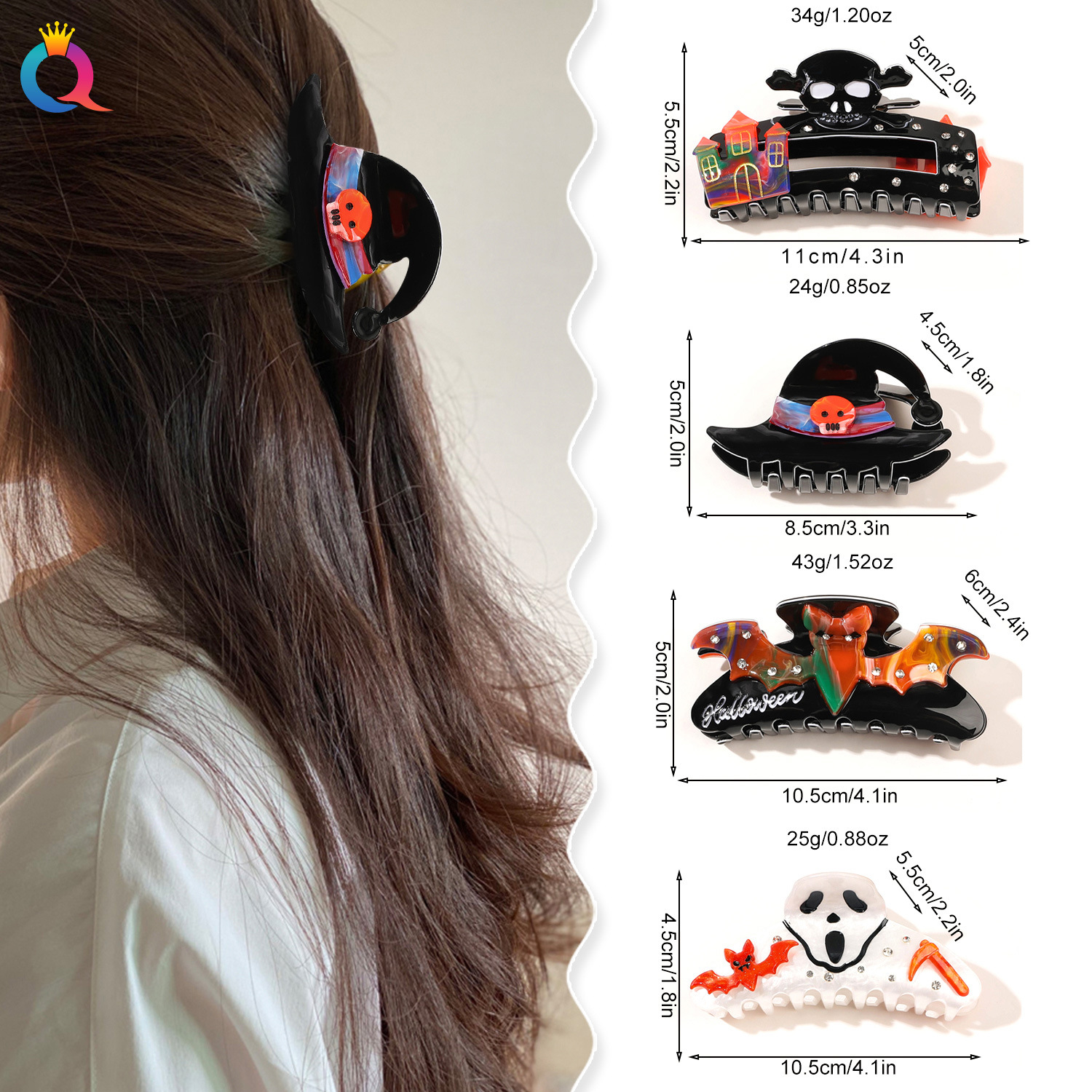 Qiyue Cross-border Halloween Hairpin, Female Horror Skull Ghost Shark Clip, Acrylic Hair bun, grab clip and hair Accessory wholesale details Picture