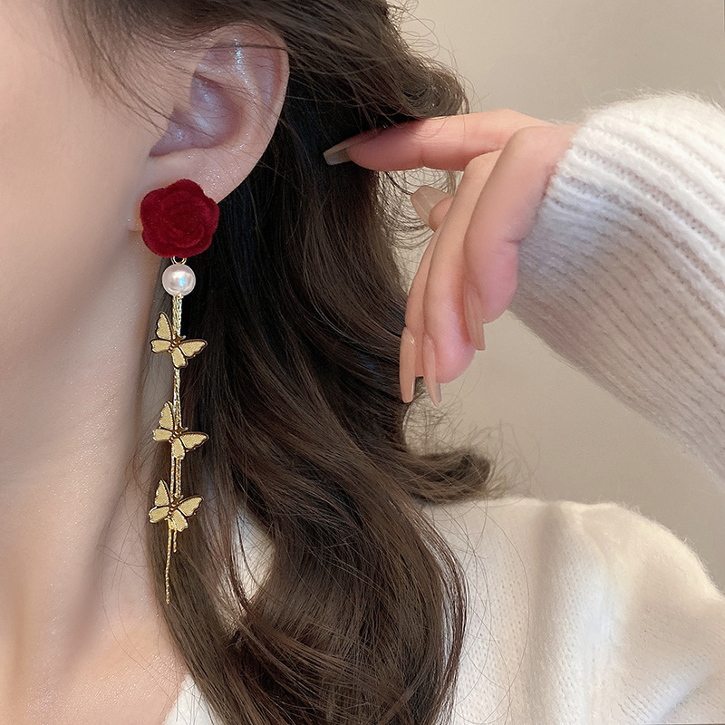 Red flower earrings, long butterfly tassel stud earrings, new autumn and winter women's light luxury and high-end style earrings Specification drawing